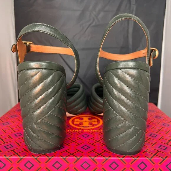 TORY BURCH Kira Quilted Block Heel Dark Seaweed Sandals size 8.5 - Picture 5 of 11
